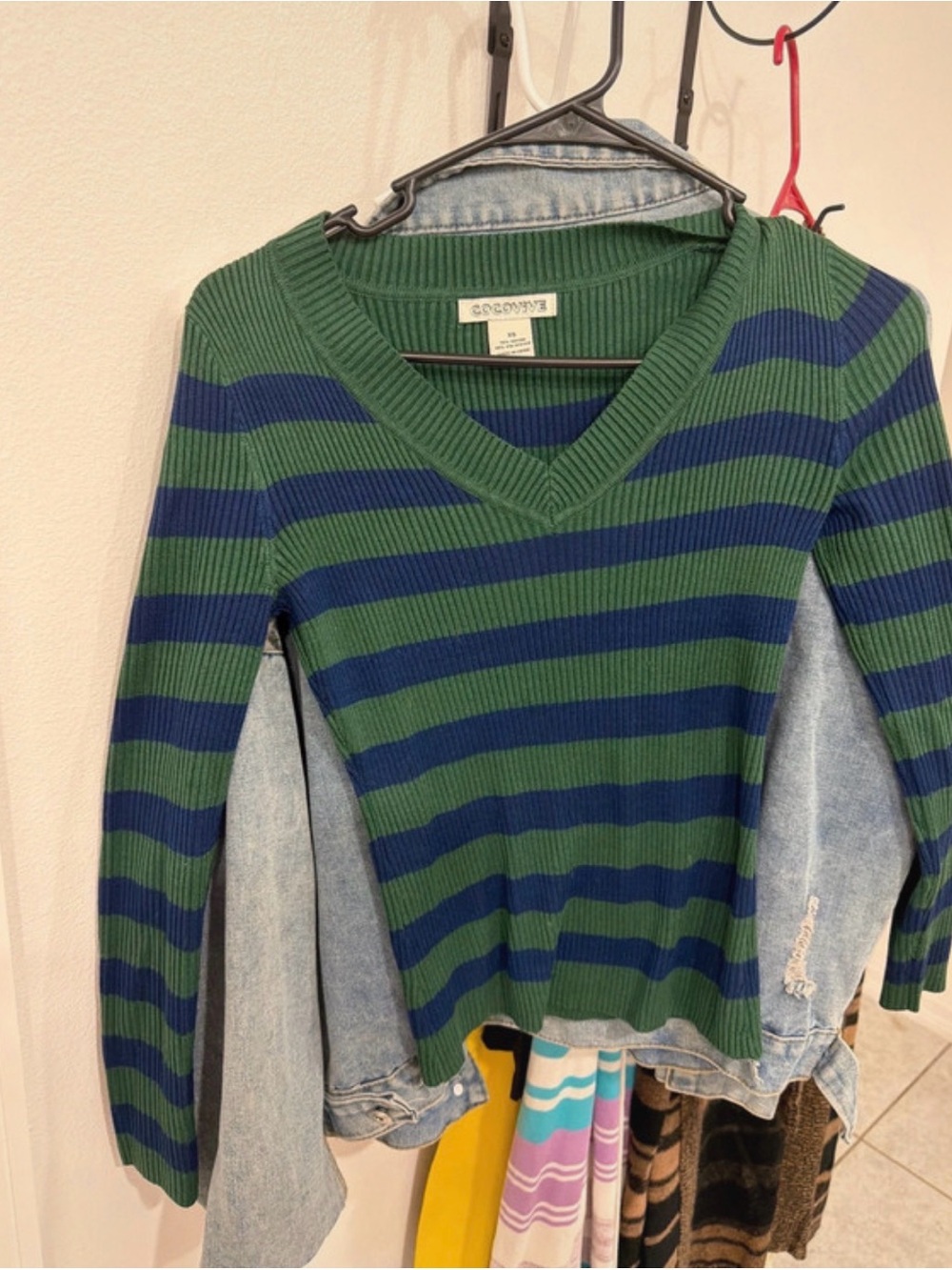 Green and Navy Striped V-Neck Sweater by